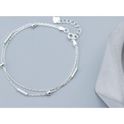 100% real. 925 Sterling silver Fine Jewelry Double rows Lucky bar &Polished round ball beads GEOMETRIC Bracelet GTLS607