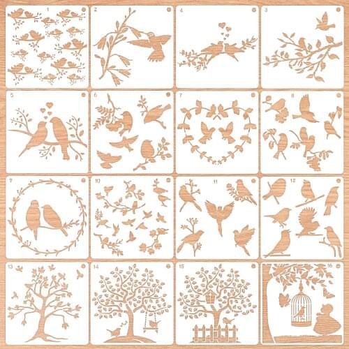 16Pcs/Set Flying Bird Painting Stencils Reusable Animals Tree Stencil Template with Metal Open Ring DIY Scrapbooking Decor Craft