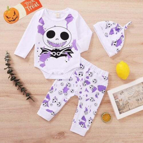 New Holloween Clothes Set Toddler Baby Boys Girls Cartoon Cotton Clothing Children Bodysuit Tops+Pants Hat 3pcs Bebe Outfits Set