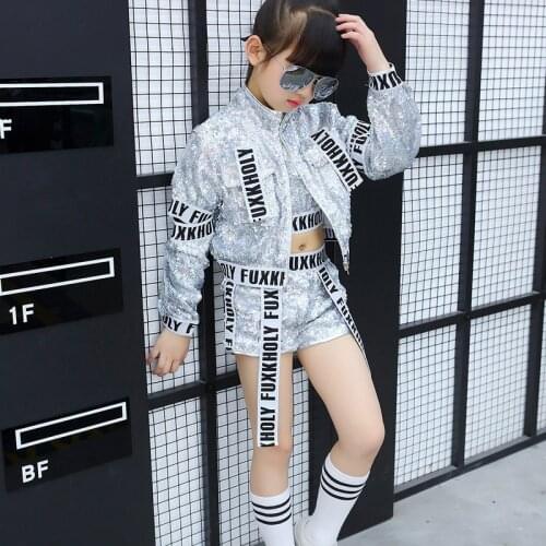3PCS/SET Children Jazz Dacne Costume Street Modern Ballroom Dance Wear Clothing Kids Sequined Hip Hop Clothing 4-16 Years Old