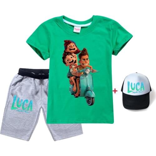 New movie Luca Boys T-shirt Girls T Shirt+shorts+hat 3pcs sets Summer cotton Kids Tops Cartoon Sport Tees Children clothing Suit