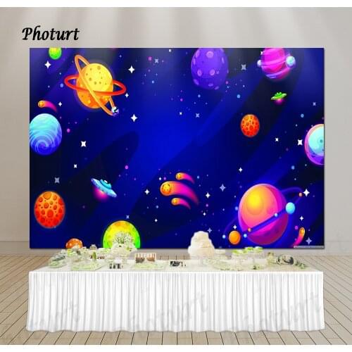 PHOTURT Space Planets Backdrop Kids Birthday Background Dark Blue UFOs Polyester Vinyl Photography Banner Decorate Props