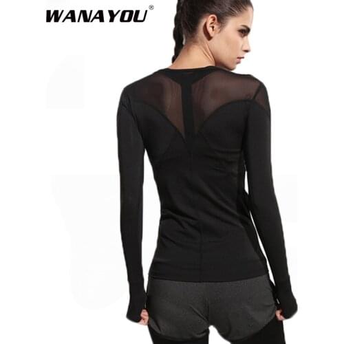 Black Patchwork Womens Running T-Shirts, Yoga Shirts Gym Tights Fitness Women Clothes Tops Sport Tee, Long-Sleeve Running Shirt