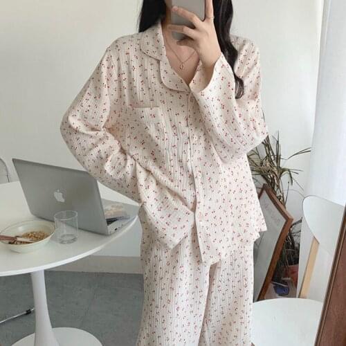 QWEEK Cotton Pajamas for Women Korean Sleepwear Cherry Print Pijama Autumn Pyjama Pour Femme Long Sleeve Lounge Sets Homewear