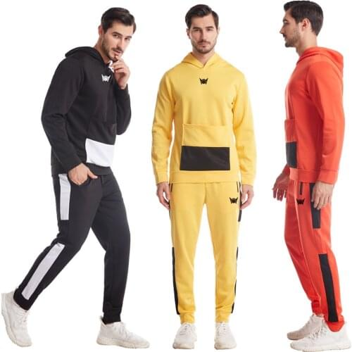 European American Mens Spring Autumn Sports Leisure 2 Pieces Muscle Fitness Big Pockets Hoodie Splicing Trouser Sets