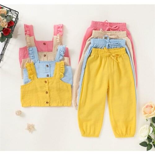 2020 Summer Toddler Girls Clothes Sets Pink Yellow Blue Sports Vest Tank Tops+Long Pants Outfits Set Tracksuit 1-6Y