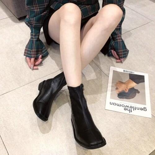 Mazefeng Ankle Boots for Women Square Toe Fashion Shoes Plush Warm Winter Short Boots Zipper Square Heels Comfortable Lady Shoes