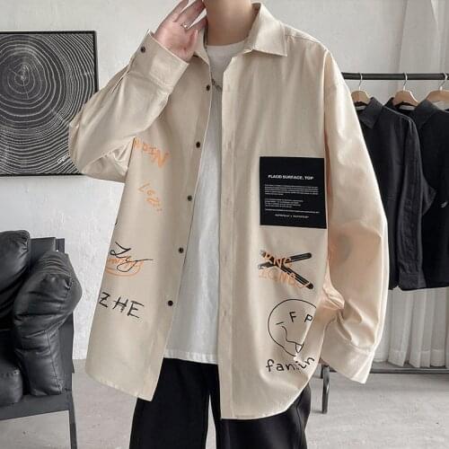 2021 Spring Autumn Mens Shirt Long Sleeve Graffiti Oversized Shirts Men Korean Style Fashion Harajuku Mens Clothing