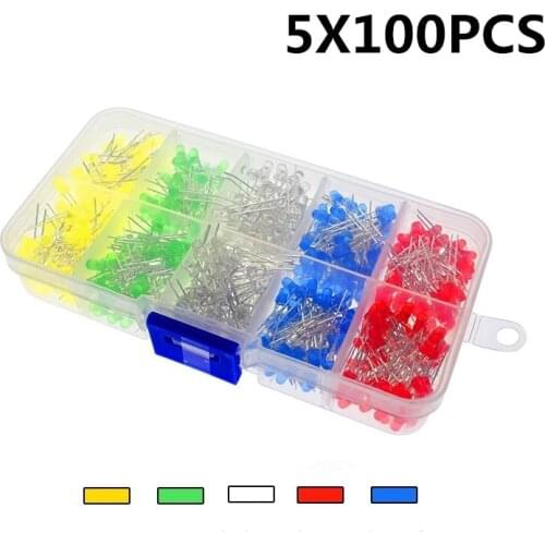 3MM LED Diode Kit 5x100 Pcs = 500 Pcs. Mixed Color Red Green Yellow Blue White LED Diode Kit + Box