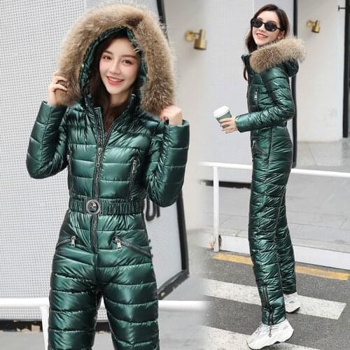 Womens Winter Coat with Hooded Parka Coat To Keep Warm and Slim One-piece Ski Suit Cotton Jumpsuit with Zipper Bodysuit