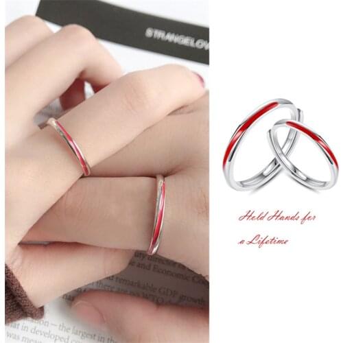 YIZIZAI Retro High-quality Original Epoxy Red Line Couple Rings Hold Hands for a Lifetime Lover Ring Silver Color Jewelry Gifts