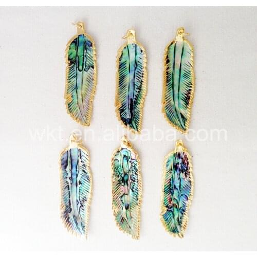 WT- P763 Wholesale Natural Abalone Shell Leaf Pendant amazing natural colors with gold electroplated feather shell pendants