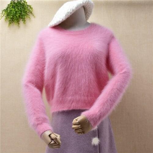 Fashion sweet ladies women short style hairy mink cashmere loose o-neck pullover angora rabbit fur winter cropped jumper sweater