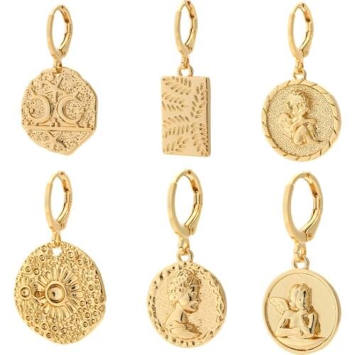 Angel Hoop Earrings Cubic Zircon Coin Pendant Dangle Earrings Gold Copper Ear Rings Party Female Gift Korean New Fashion 2021
