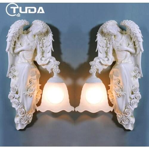 TUDA Free Shipping European Resin Wall Lamp Angel Statue Bedside Lamp For Living Room Wall Lights E27 110V-220V