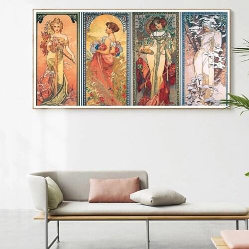 Vintage Alphonse Mucha Times of Day Posters and Prints Art Nouveau Woman Canvas Paintings Wall Art Pictures Home Decoration