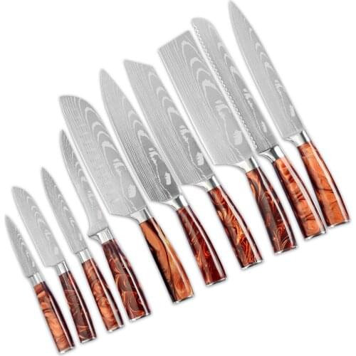10pcs/set Japanese Chef Knives Laser Damascus Pattern Stainless Steel Kitchen Knife For Meat Vegetable Cutting Ergonomic Handle