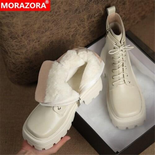 MORAZORA 2022 Newest Wool Snow Boots Women Winter Shoes Genuine Leather Boots Square Toe Simple Comfortable Ankle Boots Women