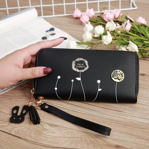 Women Wallets Long Dandelion Pattern Zipper Tassel Coin Purses Female Solid Color Wristband Multifunction Card Holder Clutch Bag