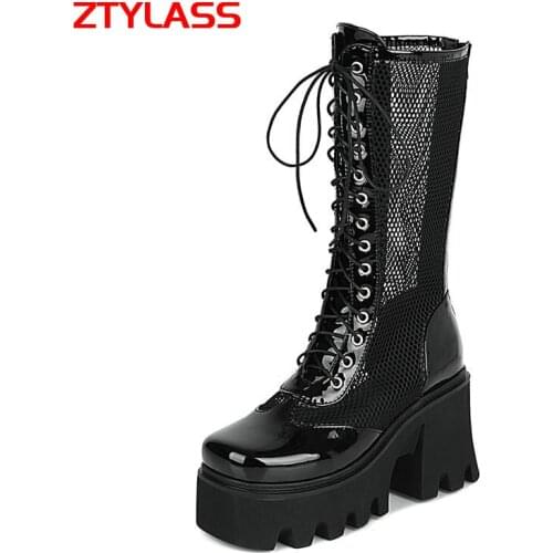 2021 New Summer Women Breathable Mesh Boots Patent Leather Square High Heel Mid Calf Boots Fashion Cross Ties Platform Shoes