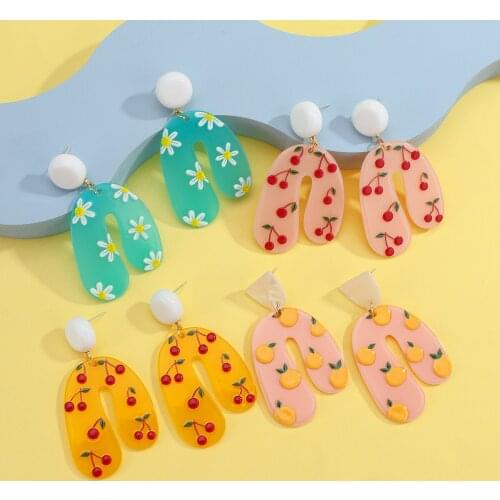 AENSOA Irregular U Shaped Acrylic Fruit Drop Earrings For Women Candy Colors Cute Cherry Unique Pendant Earrings Girls Jewelry
