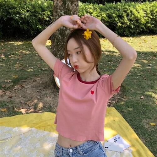 Cotton Heart Embroidered Fashion Skinny Fahsion Patchwork O-neck Short Sleeve Women Female Top T-shirts