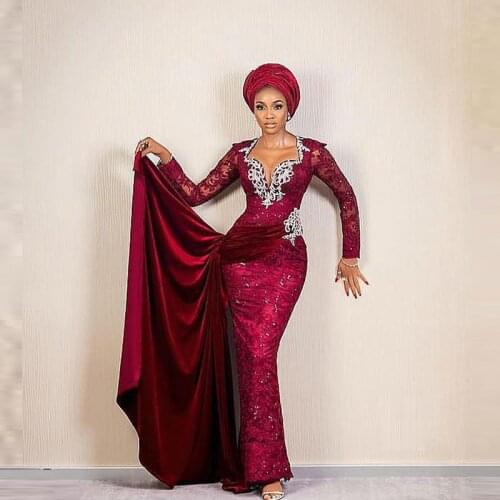 Aso Ebi Lace Mermaid Evening Dresses With Long Sleeves Beads Appliques Sequis Plus Size Prom Dress Extra Train Women Party Gowns