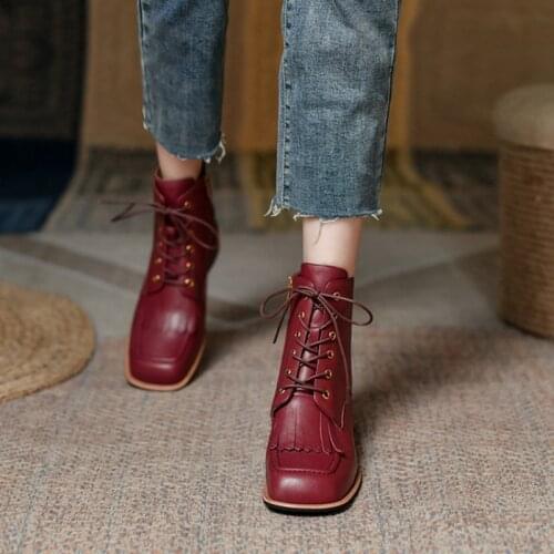 2021 Fashion Shoes Women Square Toe Thick heel Red Shoes Retro Tassel Short Boots Solid Leather Ankle Boots Winter Women Boots