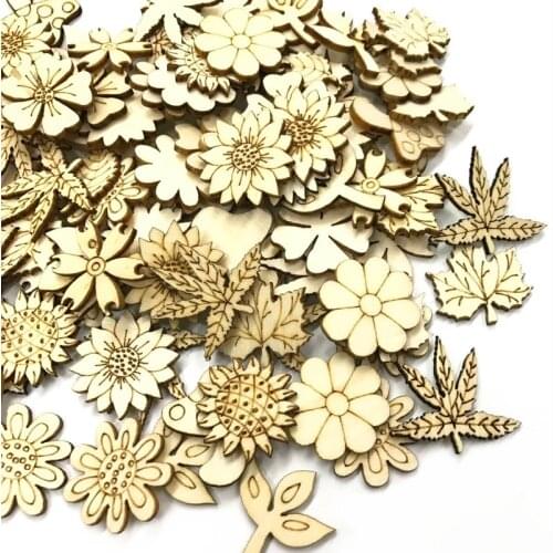 50pcs Flower Leaf Mixed Wooden Chips for Scrapbooking Embellishments Home Decor Buttons Handmade Accessories 25-30mm