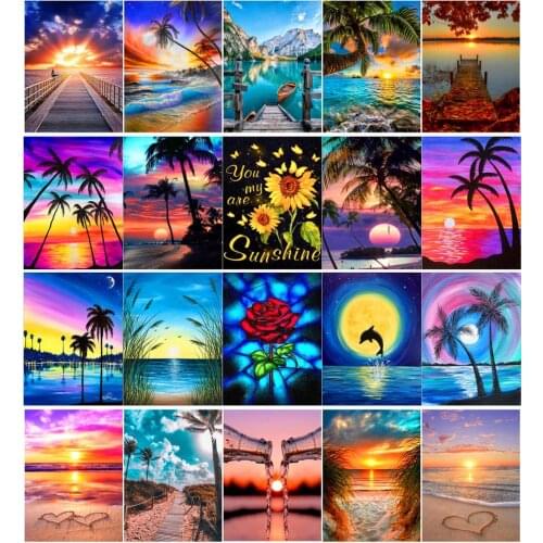 Diy 5D Diamond Painting Sunset Beach Landscape Flower Sunflower Mosaic Embroidery Set Home Decoration Handmade Art Gift