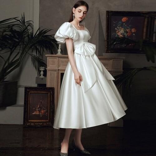 Satin Homecoming Dresses White Solid High-end Suqare Neck Wedding Party Dress Dance Queen Dress Return to Home Dress Prom dress