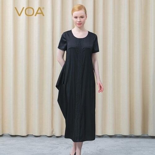 VOA Silk Elastic Twill Black Round Neck Short Sleeve Three-dimensional Woven Decoration Asymmetric Loose Refreshing Dress AE909