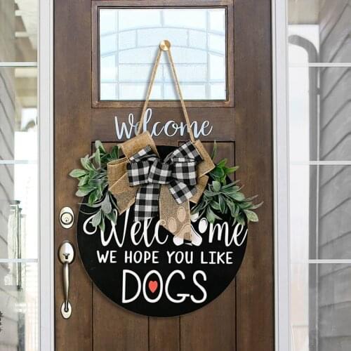 Welcome Sign Wreath Front Door Hanger with Bow 30CM Round Outdoor Hanging Vertical Sign Home Decoration