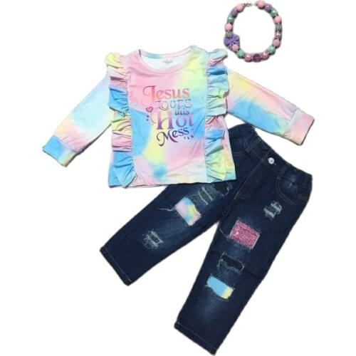 Girlymax Cotton Tie Dye Top Jesus Hot Mess Long Sleeve Baby Girls Denim Jeans Pants Set Kids Clothing Match Accessories
