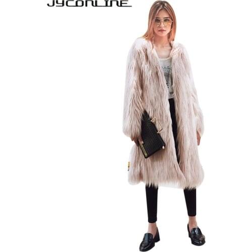 JYConline Elegant Fluffy Faux Fur Coat Women Warm Long Hooded Fur Coats Outerwear Winter Hairy Overcoat Women Jacket Long Sleeve