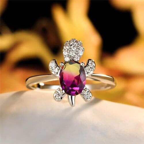 Rose Red Yellow Zircon Oval Stone Cute Turtle Ring Rainbow Crystal Animal Rings For Women Wedding Jewelry Luxury Engagement Gift