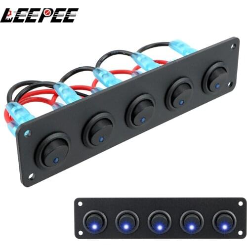 Round Dash Rocker Toggle Switch Panel for RV Yacht MarineCar Marine Waterproof Interior Parts 12-24V Blue LED 5 Gang