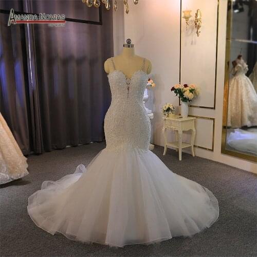 Straps lace mermaid wedding dress with beading custom order for black girl