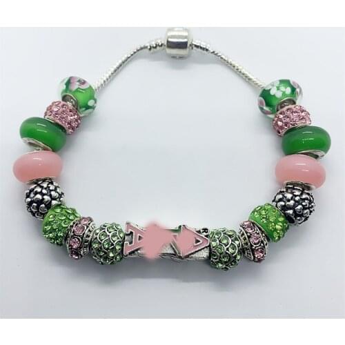 Hot Greek letter society ALPHA sorority jewelry pink green metal big hole beads bracelet bangle