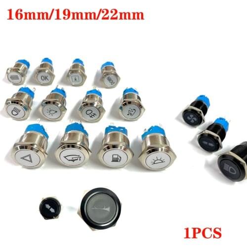 16/19/22mm Metal Push Button Switch LED Light DIY Logo Symbol Icon Signal Customization Waterproof Chromed Oxide Black for Car