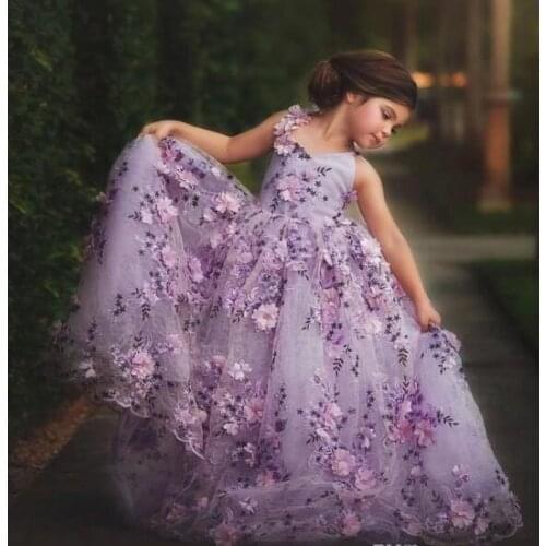 Cute Girls Pageant Dresses For Weddings Ball Gown V-neck Tulle Appliques Long Flower Girl Dresses For Little Girls