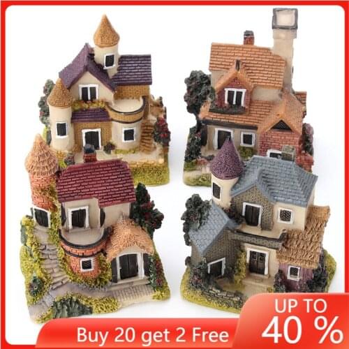 4Pcs Mini Resin House Miniature House Fairy Garden Micro Landscape Home Garden Decoration Resin Crafts 4 Styles Color Random