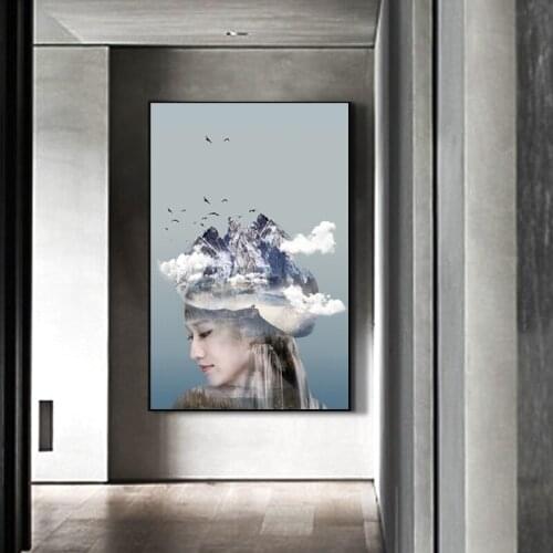 Minimalist Style Women with Blue Sky Cloud Canvas Painting Poster Print Wall Art Picture For Living Room Wall Pictures Decortion