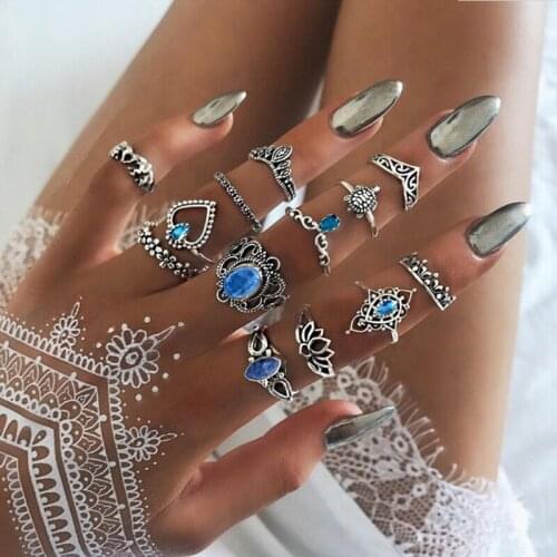 Miss JQ 13 pcs/sets Vintage Blue Crystal Rings Sets for Women Silver Starry Midi Knuckle Rings Statement Fashion Jewelry Gifts