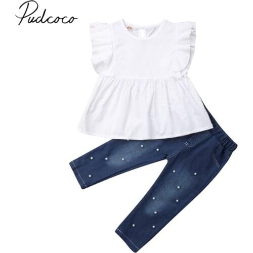 2019 Brand New Toddler Kid Baby Girl Summer Casual 2PCS Sets Ruffles Sleeve White T-Shirts Tops+Beadings Pearl Denim Pants 2-7Y
