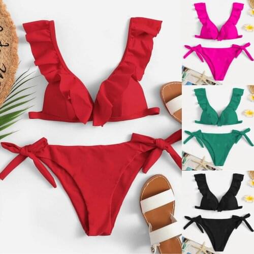 New solid color split fly bikini sexy lace swimsuit women Sexy ruffle swimwear women Sexy Bandage Bikini