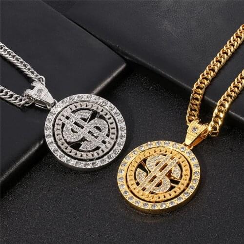 2020 Hip-Hop Gothic Rotating US Dollar Pendant Necklace Crystal Jewelry For Men Boy Long Chain Necklace Birthday Party Gift