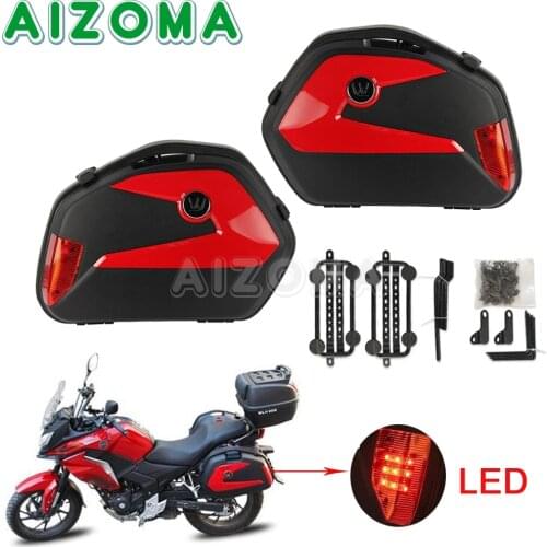 Pair Black Red 20L Side Box Motorcycle Rear Storage Box Tail Luggage Trunk Case Toolbox + Bracket + LED For Honda CB BMW Suzuki