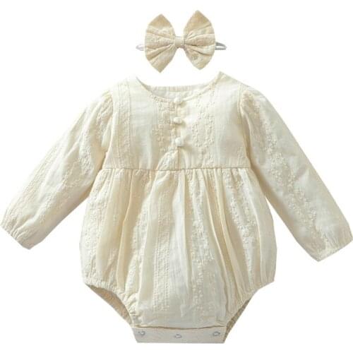 Imcute Infant Baby Girl’s Casual Long Sleeve Romper Fashion Solid Color Jacquard Jumpsuits and Headband
