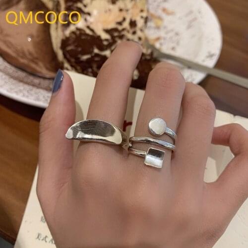QMCOCO 925 Silver Geometric Glossy Open Adjustable Ring Simple Texture Retro Moon Trend For Woman Jewelry Decoration